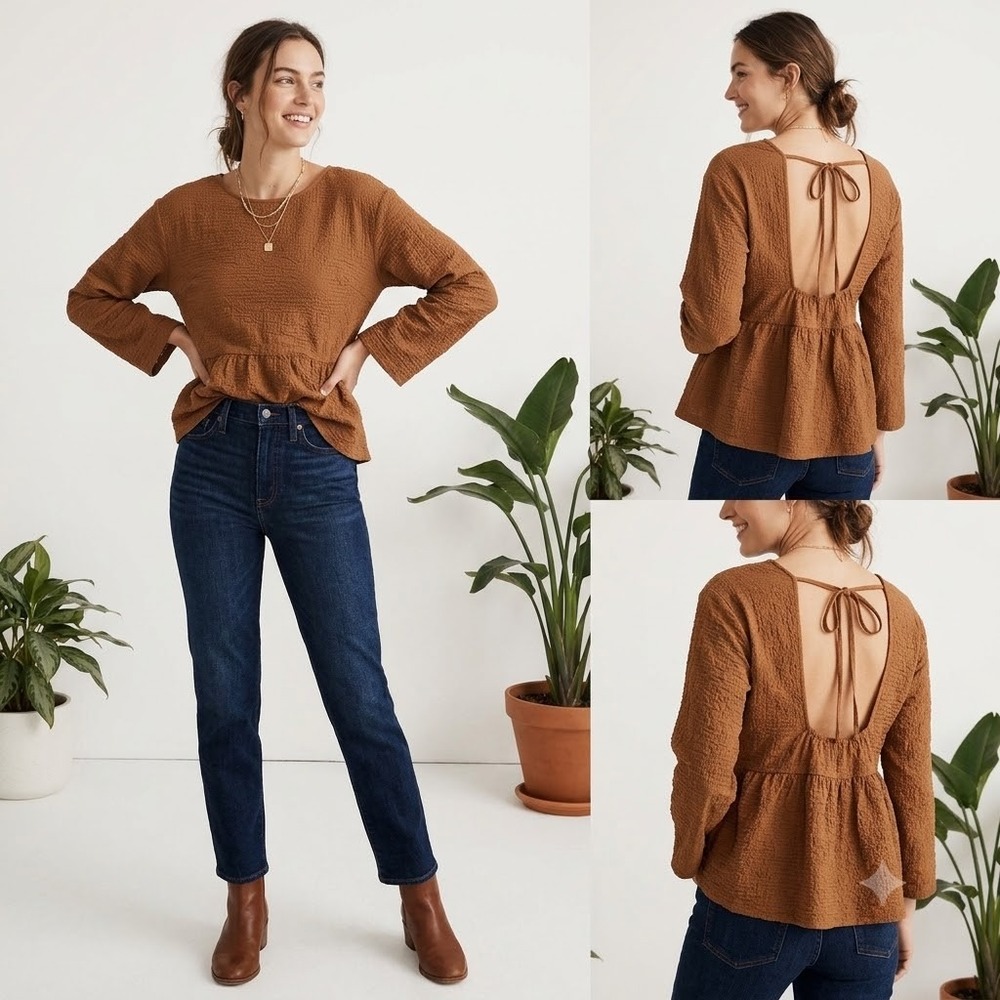 Madewell Toffee Boho Peplum Open-Back Textured Long Sleeve Women's Top XS